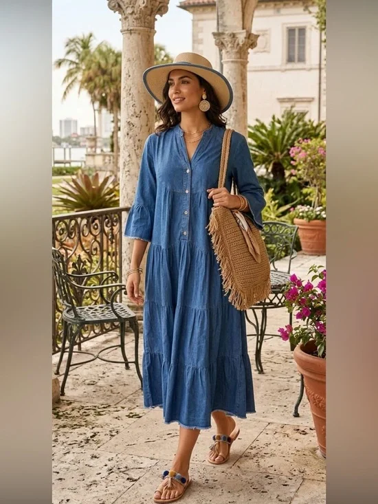 Blue Tiered Button-Front Midi Dress - Women - Picture 1 of 1